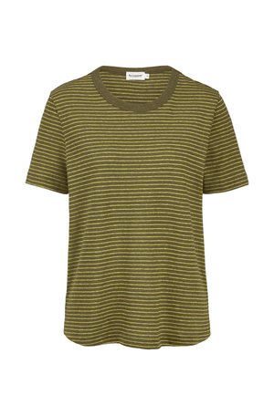 Olivgrünes kurzärmliges T-Shirt mit dünnen horizontalen gelben Streifen und rundem Ausschnitt.