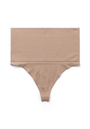 Perizoma a vita alta in tonalità nude, senza cuciture, con ampia fascia in vita, realizzato in tessuto elastico e morbido, mostrato disteso su sfondo bianco.