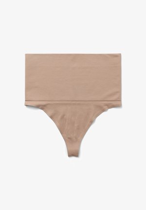 Perizoma a vita alta in tonalità nude, senza cuciture, con ampia fascia in vita, realizzato in tessuto elastico e morbido, mostrato disteso su sfondo bianco.