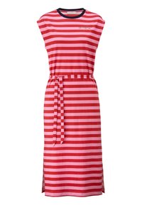 Gestreiftes Kleid in Pink und Rot, mit rundem Ausschnitt, kurzen Ärmeln und einem gebundenen Taillengürtel. Seitenschlitze erhöhen die Beweglichkeit und den Komfort.