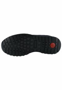 Suola di scarpa in gomma nera con un motivo testurizzato che presenta incavi circolari e rettangolari, e un accentuato motivo circolare rosso sul lato.