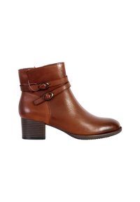Brown leather ankle boot with a rounded toe, two decorative straps with buckles, and a textured block heel. Smooth finish and subtle shine.