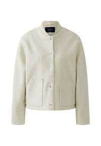 Wolljacke in Cremefarben mit geripptem Kragen, Front mit Druckknöpfen und zwei großen Fronttaschen.