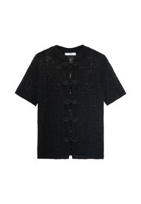 Schwarzes kurzärmliges Oberteil aus strukturiertem Spitze mit runden Halsausschnitt, dekorativen Toggle-Verschlüssen und einer lässigen Passform.