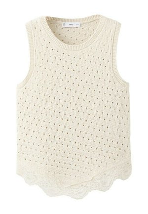 Haut sans manches tricoté couleur crème avec petits trous en œillet et ourlet en dentelle festonnée.