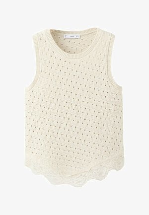 Top de punto sin mangas de color crema con pequeños agujeros ojales y dobladillo de encaje con borde ondulado.