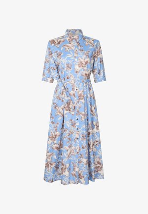 Hellblaues Midikleid mit braunem Blumenmuster, kurzen Ärmeln, durchgehender Knopfleiste, Kragen und passendem Stoffgürtel in der Taille.
