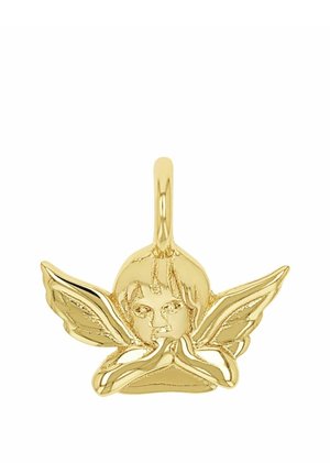 Goldener Anhänger in Form eines Engels mit Flügeln und betenden Händen, mit detaillierten Gesichtszügen.