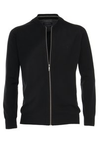 Zwarte ritscardigan van breiwerk, met een hoge kraag, lange mouwen en een zilveren rits met een contrasterend binnenpatroon.