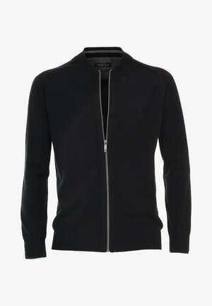 Zwarte ritscardigan van breiwerk, met een hoge kraag, lange mouwen en een zilveren rits met een contrasterend binnenpatroon.