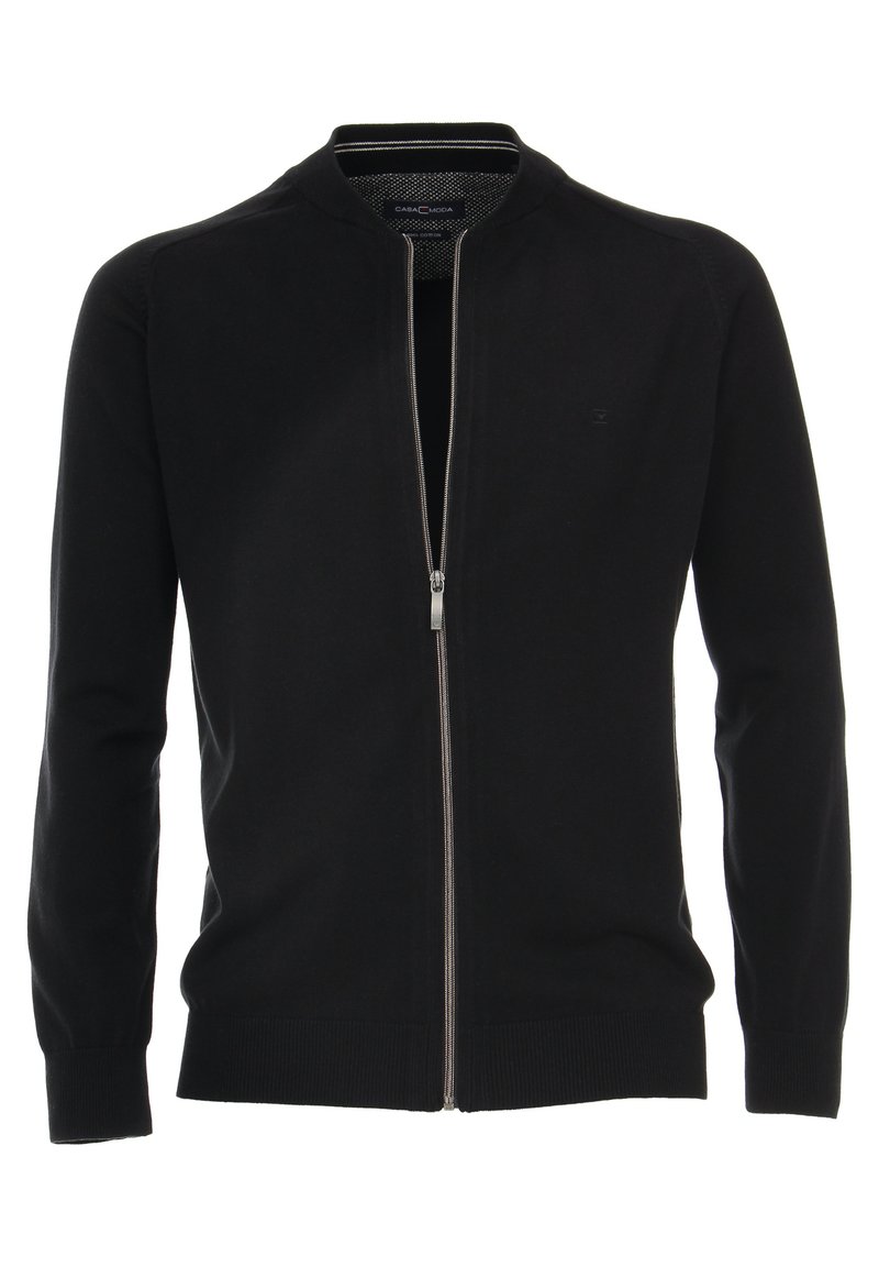 Zwarte ritscardigan van breiwerk, met een hoge kraag, lange mouwen en een zilveren rits met een contrasterend binnenpatroon.