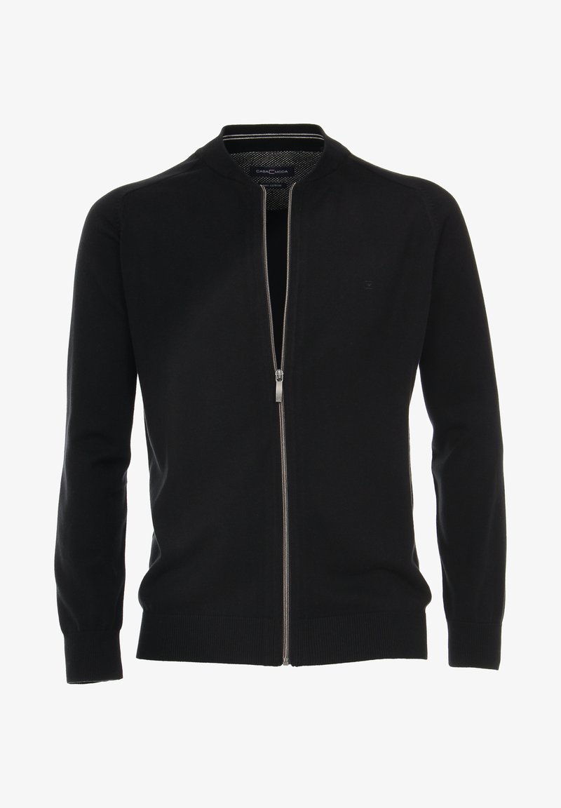 Zwarte ritscardigan van breiwerk, met een hoge kraag, lange mouwen en een zilveren rits met een contrasterend binnenpatroon.