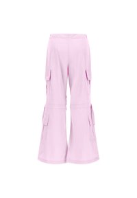 Vaaleanpunaiset cargo-housut, joissa on levenevät lahkeet, sivutaskut ja sileä pinta. Joustava vyötärö mukavuutta ja helppoa käyttöä varten.