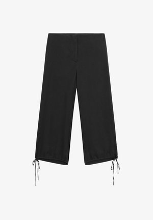 Pantaloni neri cropped a gamba larga con coulisse all'orlo e vita liscia, mostrati su sfondo bianco.