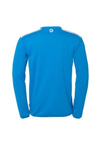 Langärmliges blaues T-Shirt mit Rundhalsausschnitt, aus glattem Stoff gefertigt. Verfügt über weiße Akzente an den Schultern und ein kleines Logo auf der Rückseite.