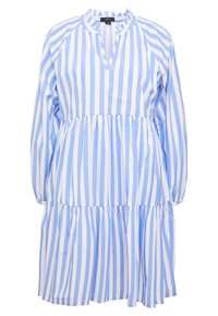 Gestreiftes Kleid aus blauem und weißem Baumwollstoff, mit einem Rüschenausschnitt, langen Ärmeln und einem gestuften Rockdesign.