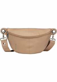 Borsa a tracolla in pelle color tan con forma curva, chiusura superiore con zip, tracolla in tessuto regolabile e dettagli in metallo color argento.