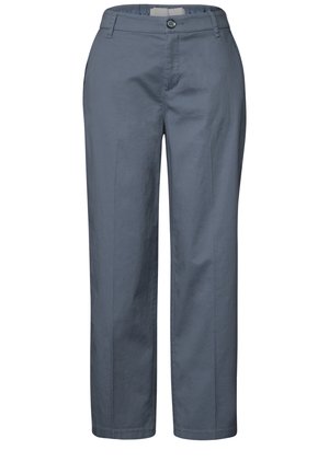 Pantalones grises de tela suave, con un diseño de pierna recta, cierre de botón en la parte delantera y bolsillos laterales para un uso funcional.