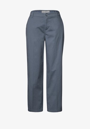 Šedé kalhoty vyrobené z hladké tkaniny, s rovnými nohavicemi, zapínáním na přední knoflík a bočními kapsami pro praktické použití.