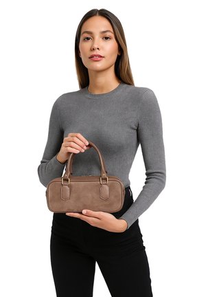 Borsa a mano rettangolare in suede marrone con superficie testurizzata, doppi manici e dettagli in metallo color oro. Design compatto adatto per un uso casual.