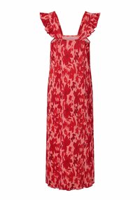 Robe midi rouge à fleurs sans manches avec bretelles volantées, coupe droite, tissu léger texturé et encolure carrée.