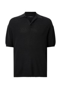 Svart ribbad pikétröja med korta ärmar, knäppt halslinning och en fast krage. Har ett strukturerat material och avslappnad passform.