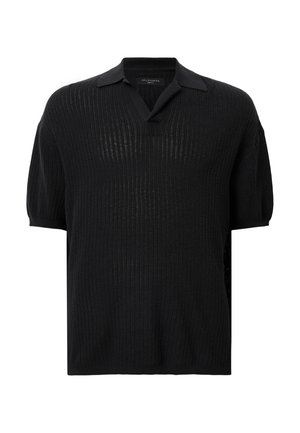 Zwarte geribbelde gebreide polo met korte mouwen, knoopsluiting bij de hals en een effen kraag. Kenmerkt zich door een gestructureerd materiaal en een comfortabele pasvorm.