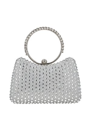 Plic de seară argintiu decorat cu strasuri rotunde transparente și cu un mâner circular acoperit cu strasuri asortate.