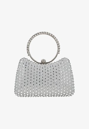 Srebrna wieczorowa kopertówka ozdobiona okrągłymi, przezroczystymi kryształkami i okrągłą rączką pokrytą identycznymi kryształkami.
