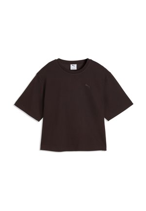 Enkelt sort T-shirt med korte ærmer og rund hals med en lille Puma-logo på venstre bryst og en mærkat indeni kraven.