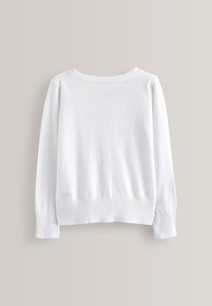 Pulover alb cu mâneci lungi, cu manșete și tiv striate, decolteu rotund, prezentat din spate pe un fundal neutru.