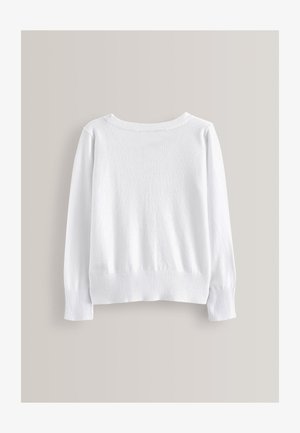 Hvid langærmet sweater med ribstrikkede manchetter og kant, rund halsudskæring, vist bagfra på en neutral baggrund.