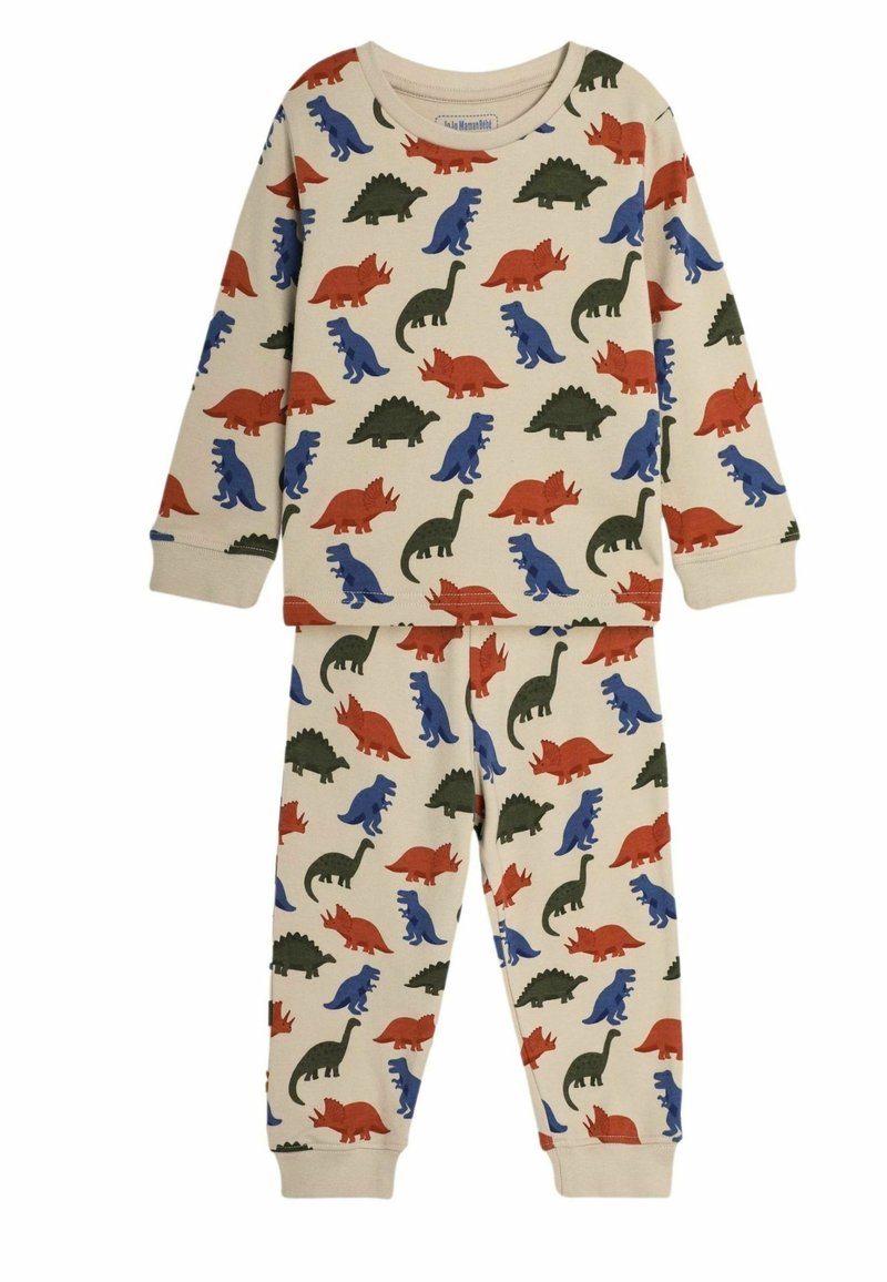 Ensemble de pyjama deux pièces pour garçons en crème avec un motif de dinosaures ; manches longues, taille élastique, avec des dinosaures rouges, bleus et verts.