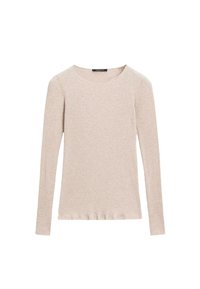 Top lungo a maniche con girocollo in maglia a coste beige, con silhouette aderente, realizzato in tessuto elasticizzato e con una sottile texture.
