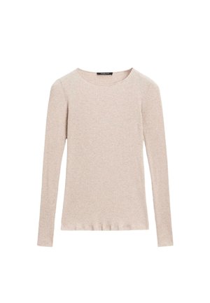Top lungo a maniche con girocollo in maglia a coste beige, con silhouette aderente, realizzato in tessuto elasticizzato e con una sottile texture.