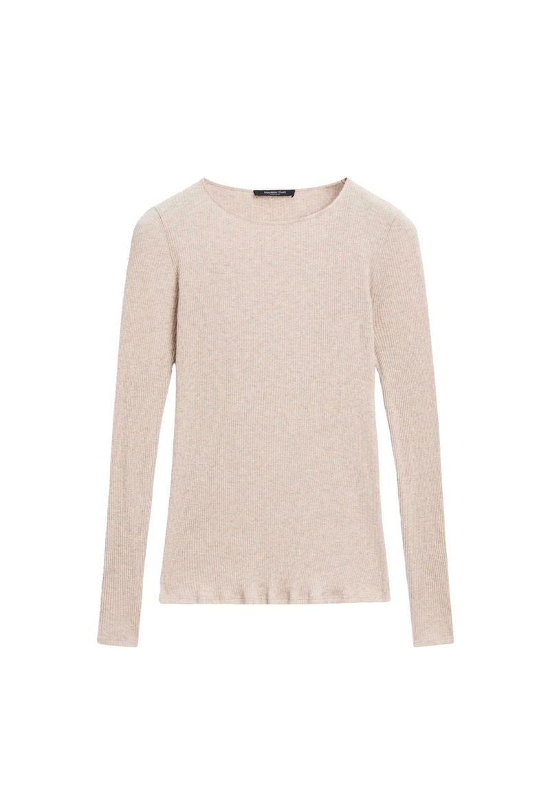 Top lungo a maniche con girocollo in maglia a coste beige, con silhouette aderente, realizzato in tessuto elasticizzato e con una sottile texture.