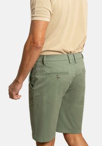 Pantalones cortos verdes para hombre con un diseño de frente plano, bolsillos laterales y bolsillos traseros con botón. Hechos de tejido ligero con una textura suave.