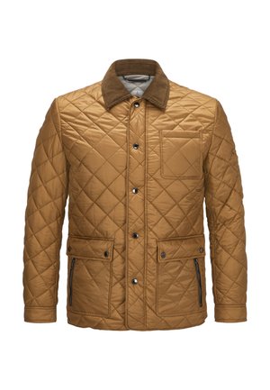 Gepolsterte, braune Jacke mit einem Cordkragen. Verfügt über Druckknöpfe, zwei Fronttaschen und eine seitliche Reißverschlusstasche. Glatte Textur.