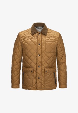 Gepolsterte, braune Jacke mit einem Cordkragen. Verfügt über Druckknöpfe, zwei Fronttaschen und eine seitliche Reißverschlusstasche. Glatte Textur.