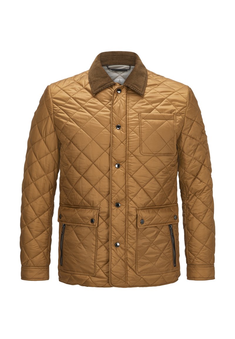 Gepolsterte, braune Jacke mit einem Cordkragen. Verfügt über Druckknöpfe, zwei Fronttaschen und eine seitliche Reißverschlusstasche. Glatte Textur.