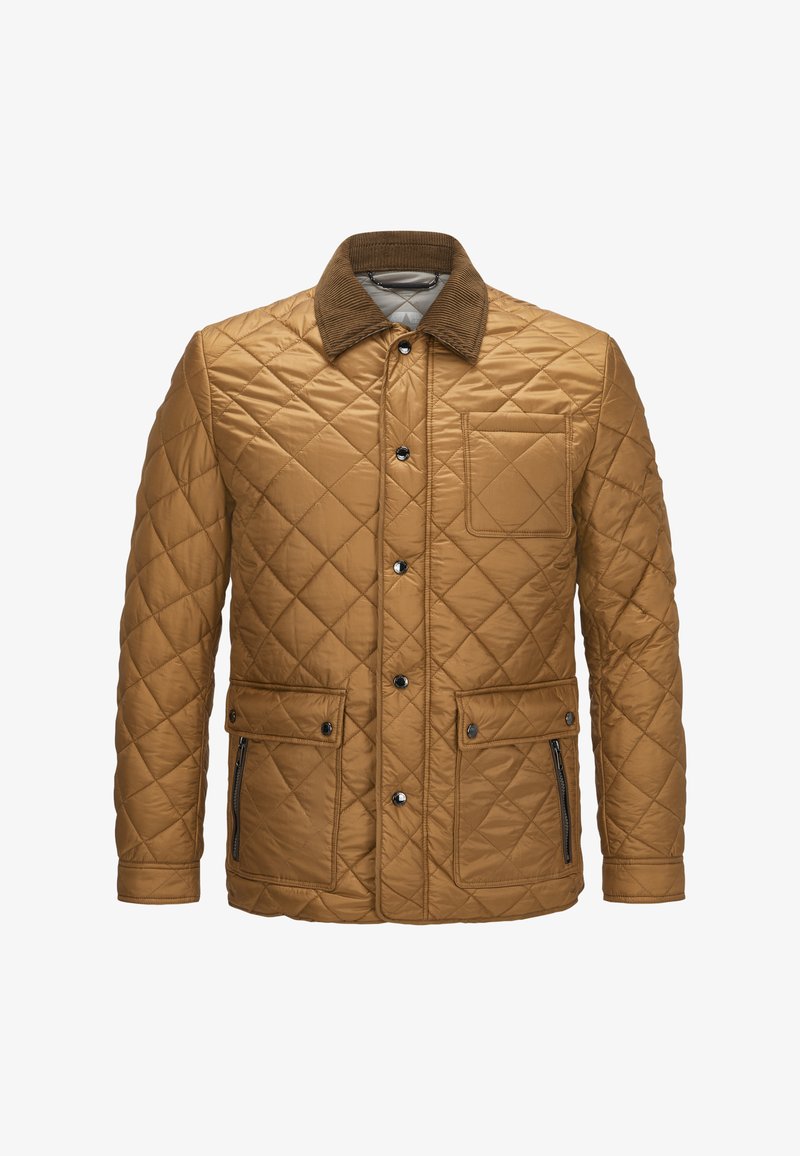 Gepolsterte, braune Jacke mit einem Cordkragen. Verfügt über Druckknöpfe, zwei Fronttaschen und eine seitliche Reißverschlusstasche. Glatte Textur.