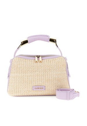 Proplétaná béžovo-fialová kabelka se zlatým zipem, omotanou rukojetí a odnímatelným fialovým ramenním popruhem, značky CafèNoir.