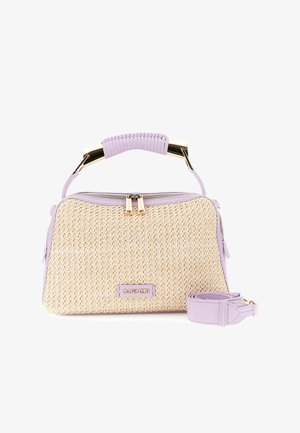 Borsa intrecciata beige e lavanda con cerniera dorata, manico avvolto e tracolla lavanda staccabile, marchiata CafèNoir.