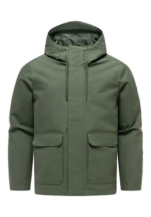 Vihreä hupullinen takki, jossa etuvetoketju, kaksi suurta läppätaskua ja kiristettävä huppu, suunniteltu kylmiin säihin.