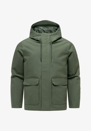 Vihreä hupullinen takki, jossa etuvetoketju, kaksi suurta läppätaskua ja kiristettävä huppu, suunniteltu kylmiin säihin.