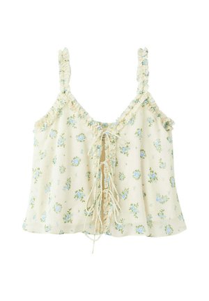 Camisole florale crème avec fleurs bleues, bordures à volants, bretelles fines et détail à lacets sur le devant avec longs liens.