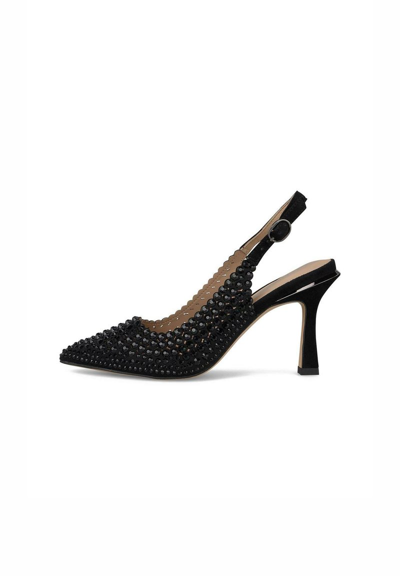 Scarpa con tacco alto a sèguito nera, con punta affusolata, decorata con cristalli neri sul superiore e un tacco a blocco lucido.