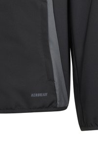 Veste noire avec une texture lisse, dotée d'un panneau d'accent gris, de détails de couture et d'un subtil logo "AEROREADY" près de l'ourlet.