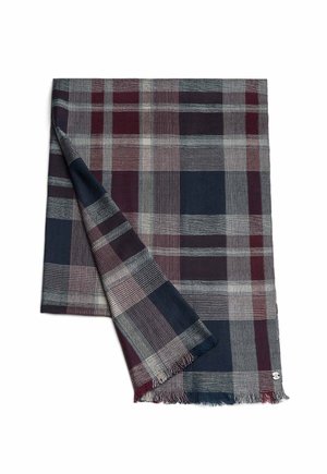 Plaid scarf in dark gray, burgundy, and navy, featuring fringed edges and a mix of striped and checked patterns. Soft texture, rectangular shape.