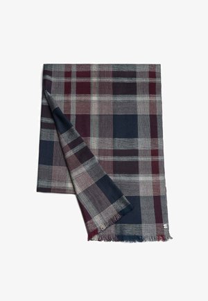 Karo-Schal in Dunkelgrau, Burgunderrot und Marine, mit fransigen Kanten und einer Mischung aus gestreiften und karierten Mustern. Weiche Textur, rechteckige Form.